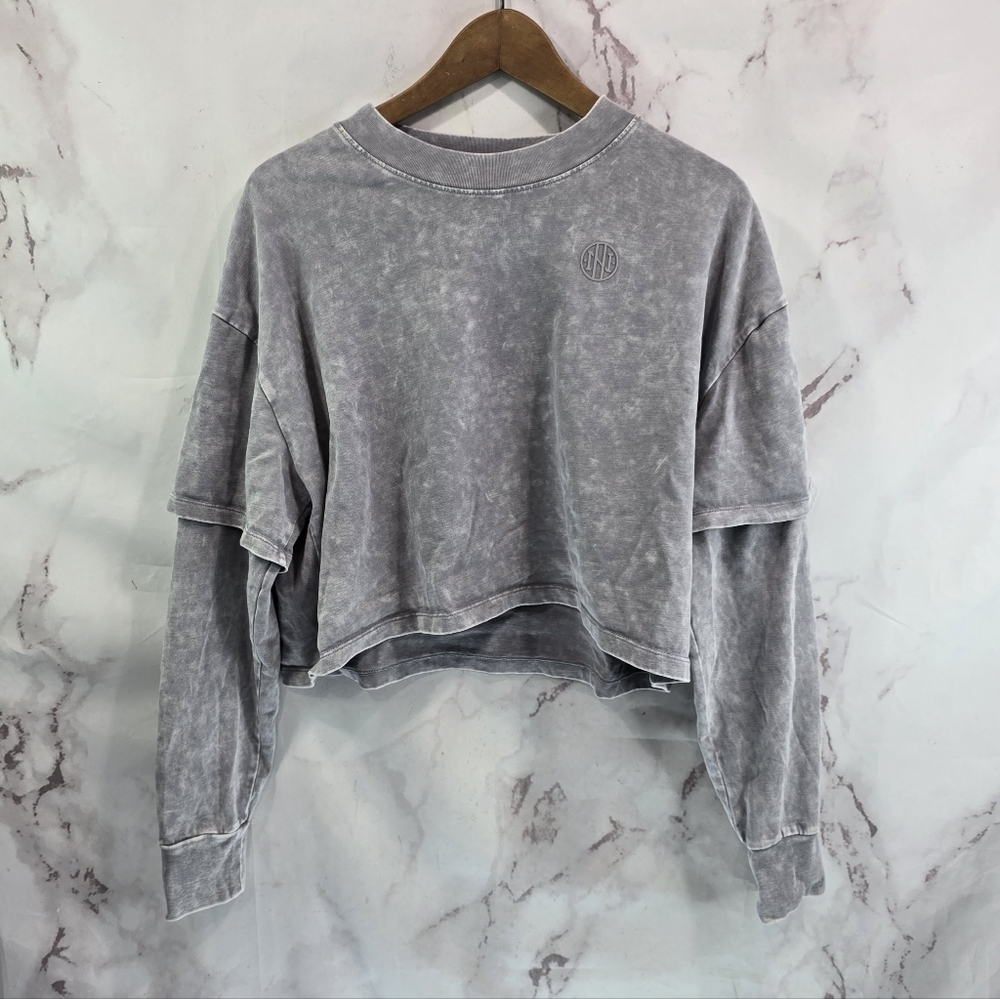 Ninth Hall T Shirt Women Large Gray Crop Tee Boxy Long Sleeve Tie Dye Layered